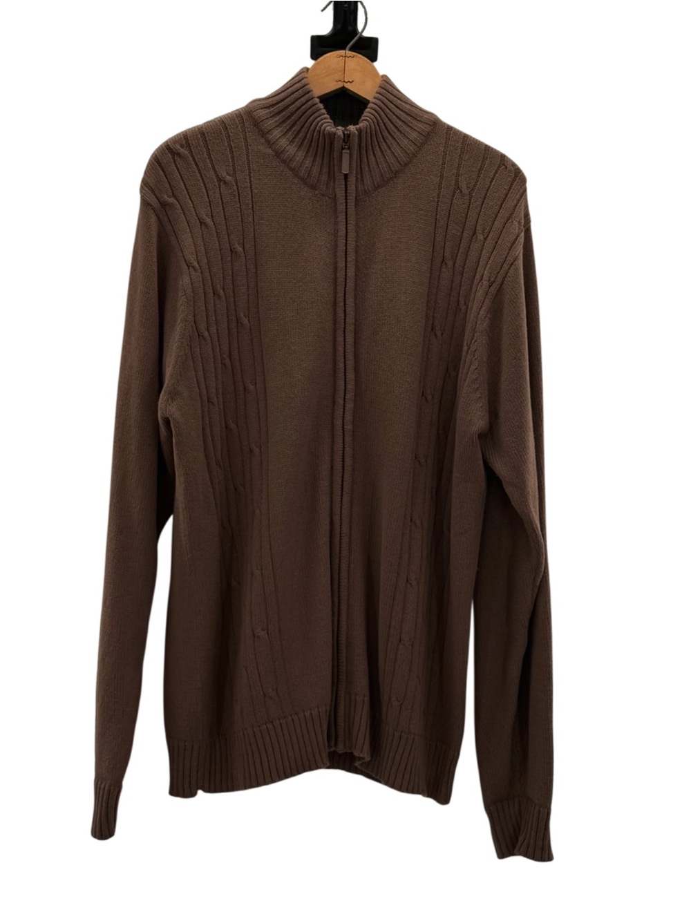 Oscar de la Renta XL Brown Cable Knit Full Zip Mock Neck Cardigan Sweater